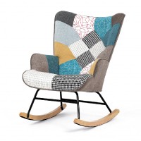 Křeslo houpací, potah patchwork látka, dřevěné nohy, masiv kaučukovník AK-374 PW2